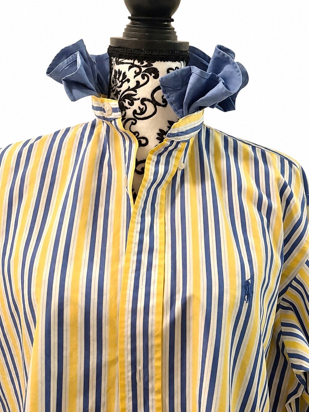 Upcycled Ralph Lauren Yarmouth Shirt 15.5/33 Blue Yellow Stripe Ruffle Collar
